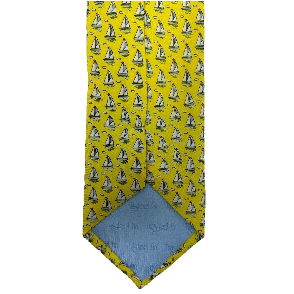 Twisted Fin 100% Silk Tie Yellow Sailboat Nautical‎ Print Naples Florida 59.75